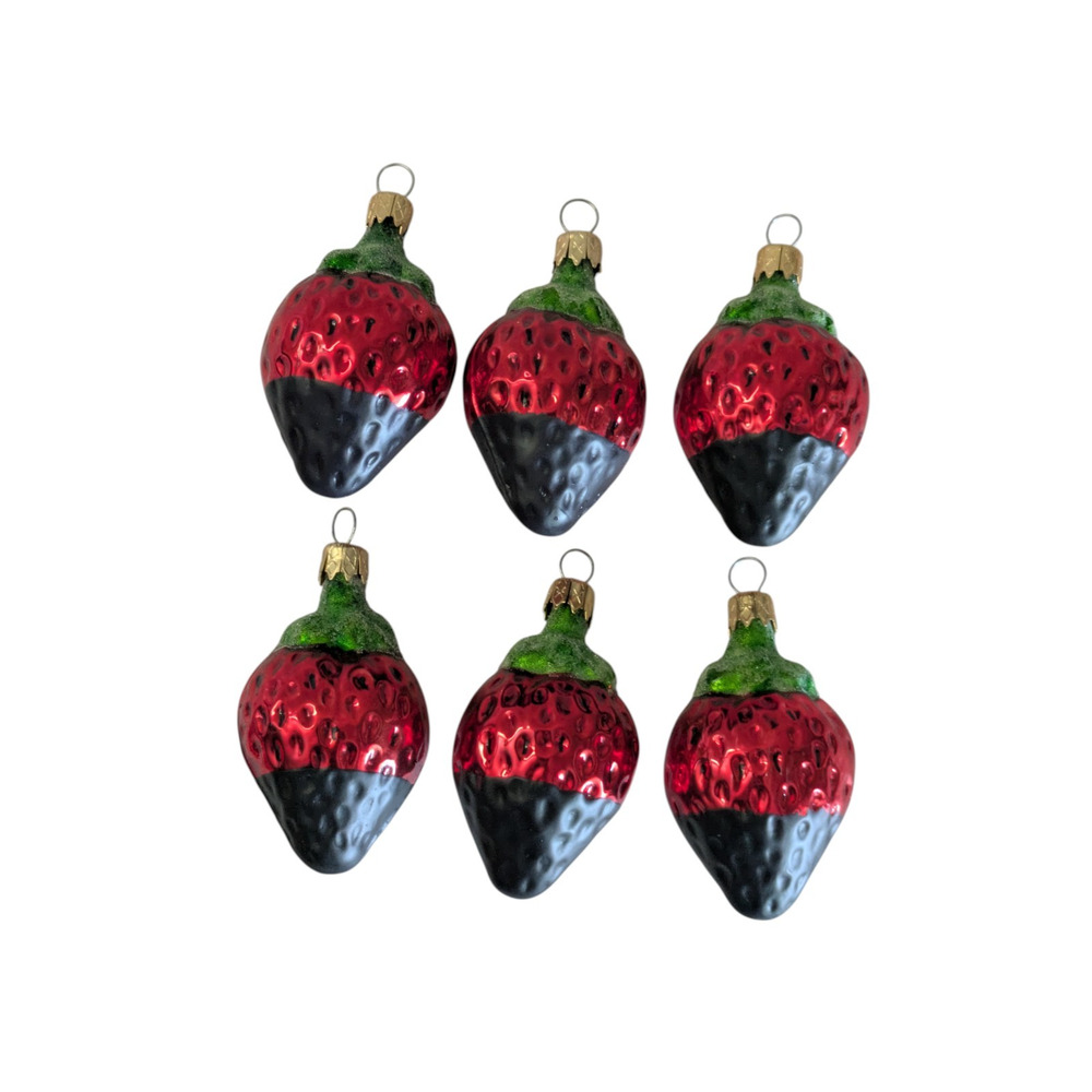 Vintage Columbia Glass Strawberry Chocolate Dipped Christmas Ornaments Set of 6